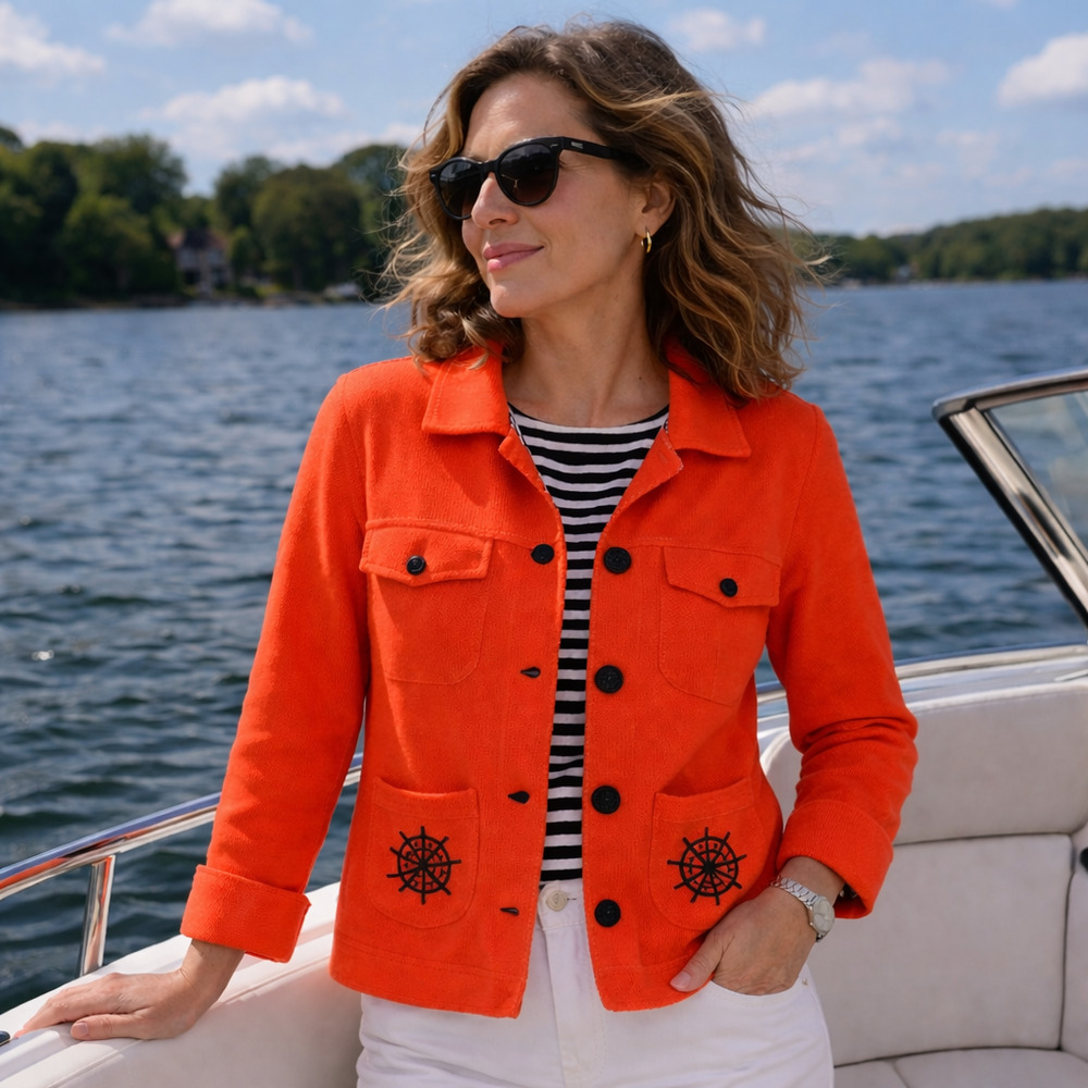 Breckenridge Nautical Embroidered Ship Wheels Coral Navy Buttonfront Jacket PM